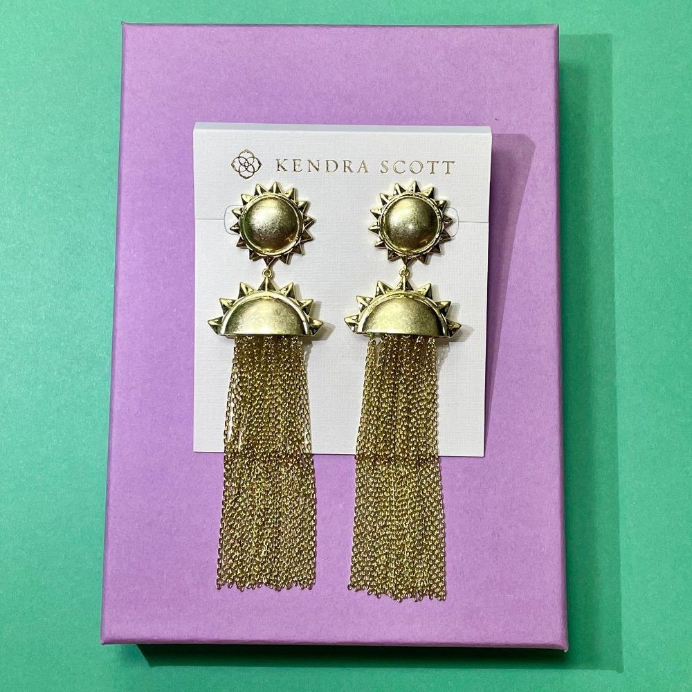 NWT Kendra Scott 14K Gold Plated Sun Earrings with Chain Tassles - Picture 8 of 14
